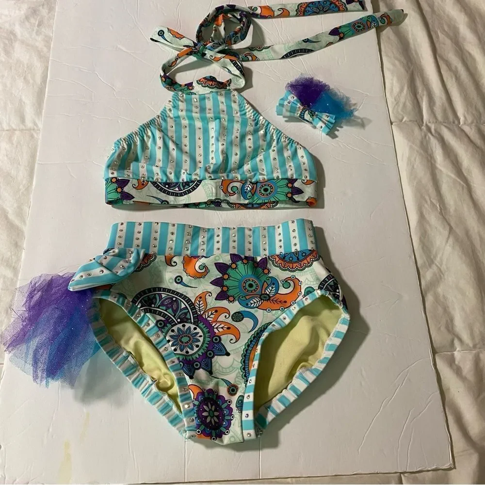 Custom solo rhinestoned bling dance costume 2 piece Paisley retro LC-large child